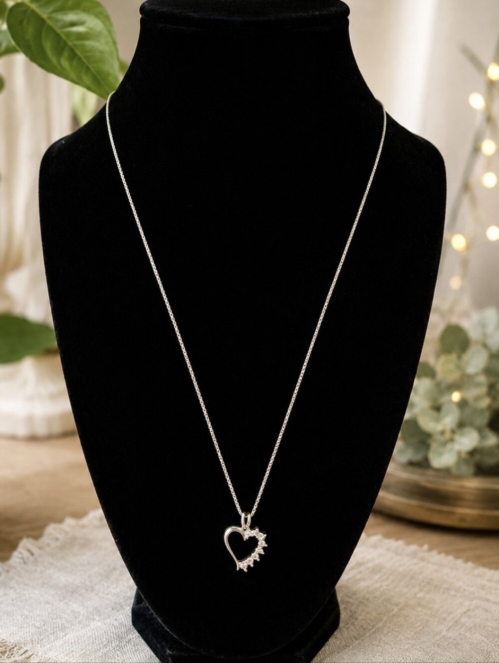 Vintage 925 Sterling Silver Heart Pendant Necklace CZ Accents